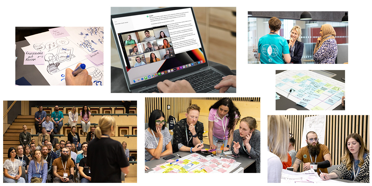 A collage of photographs from CDPS communities of practice, including images of groups of people talking or working together at tables, online via Zoom, and close-ups of paper with handwritten comments and illustration.