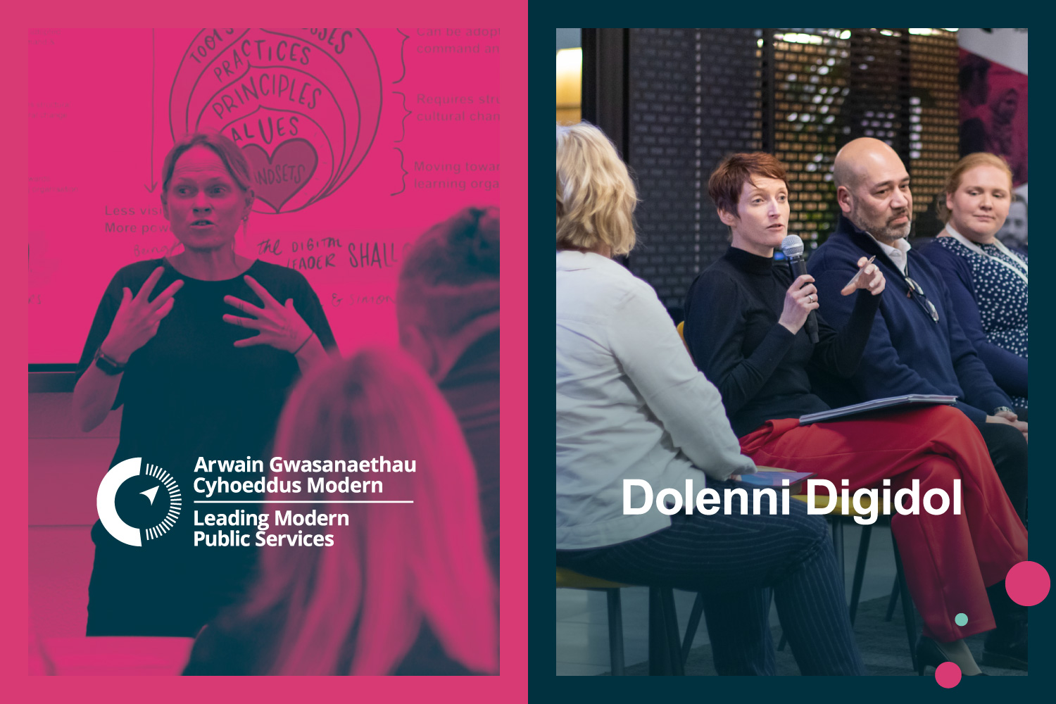Decorative. Representative photos from Leading Modern Public Services programme and Dolenni Digidol events from CDPS.